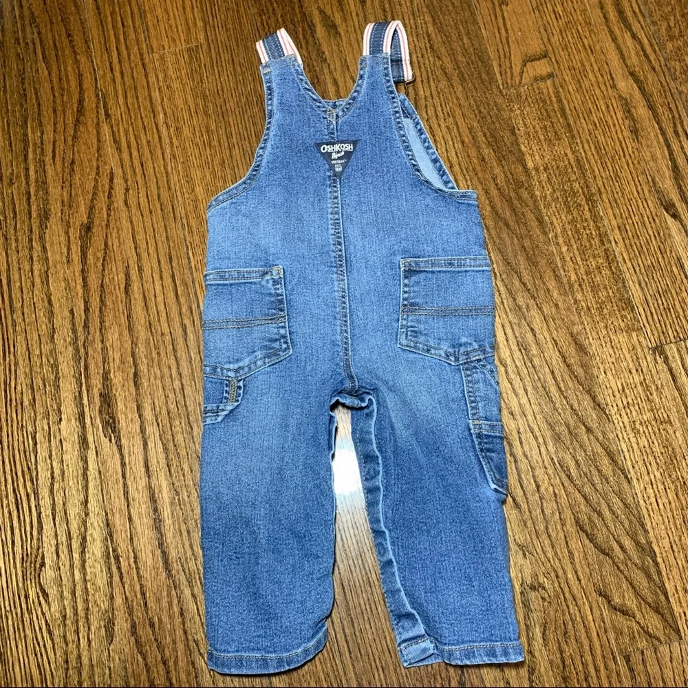 Oshkosh Infant Denim Overalls Red Blue White Striped Straps Size 12m‎